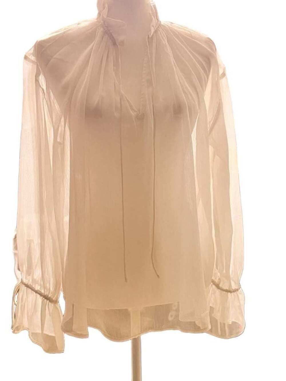 LOFT Sheer Ruffle Neck Long Sleeve Blouse White